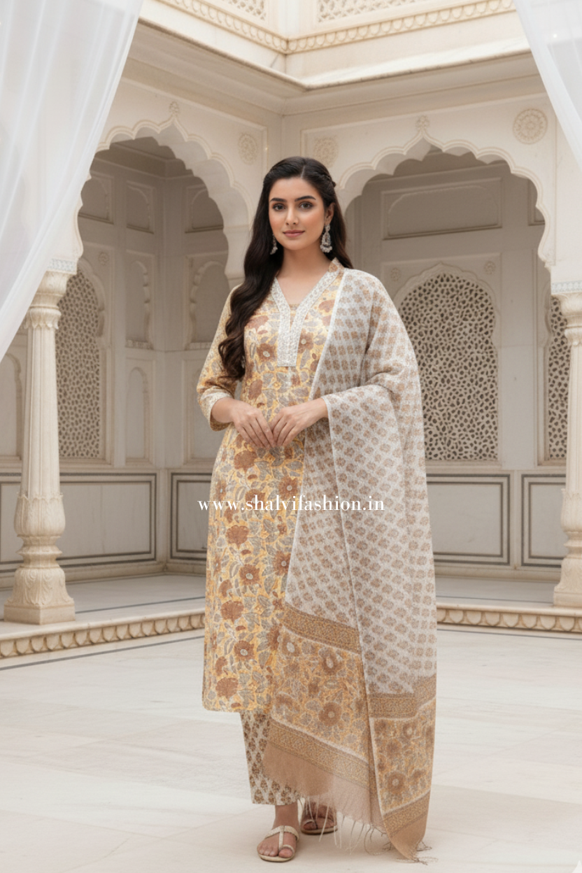 Shop hand block print pure cotton suits with kota doria dupatta (CSS450)