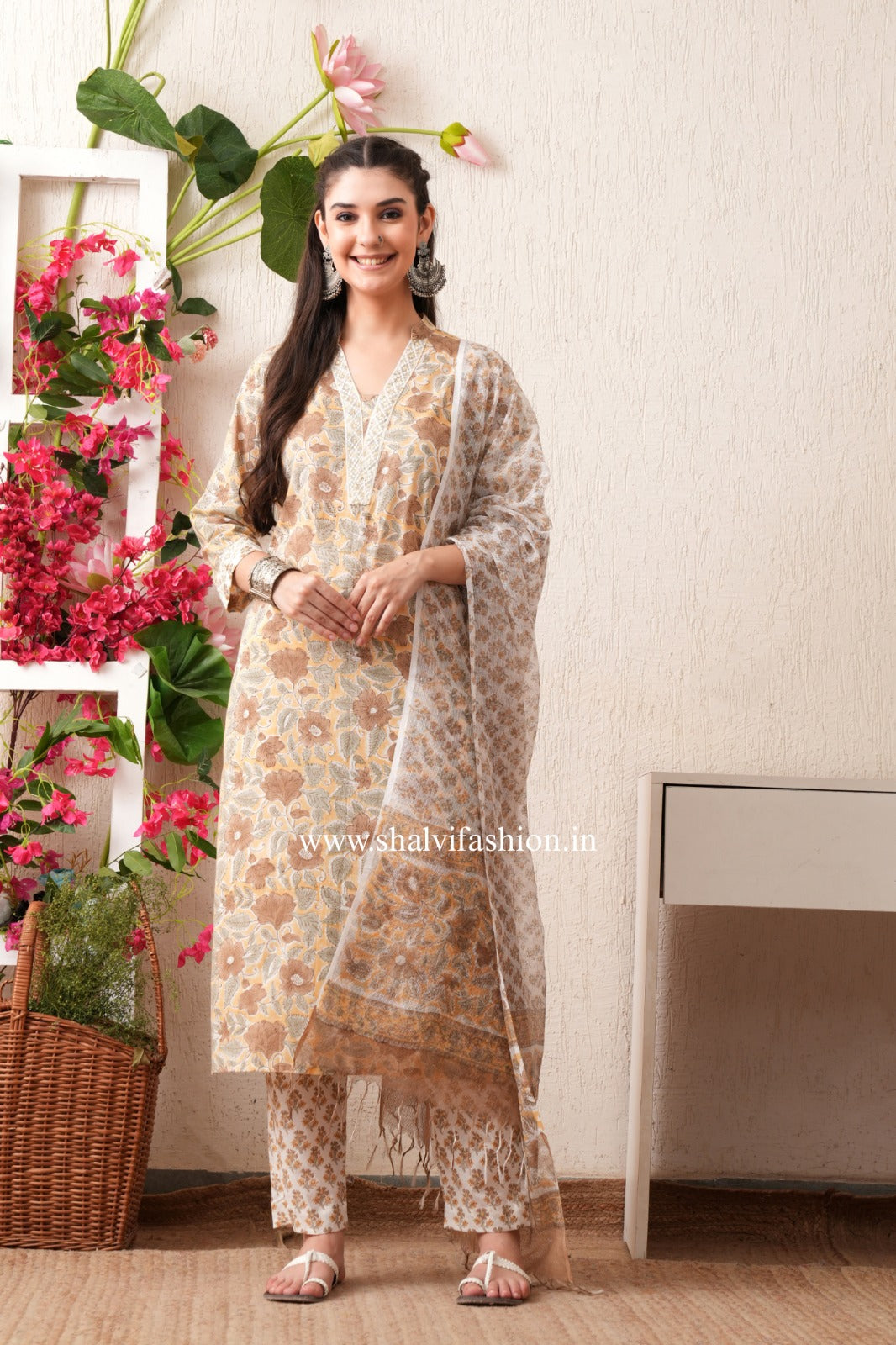 Shop hand block print pure cotton suits with kota doria dupatta (CSS450)