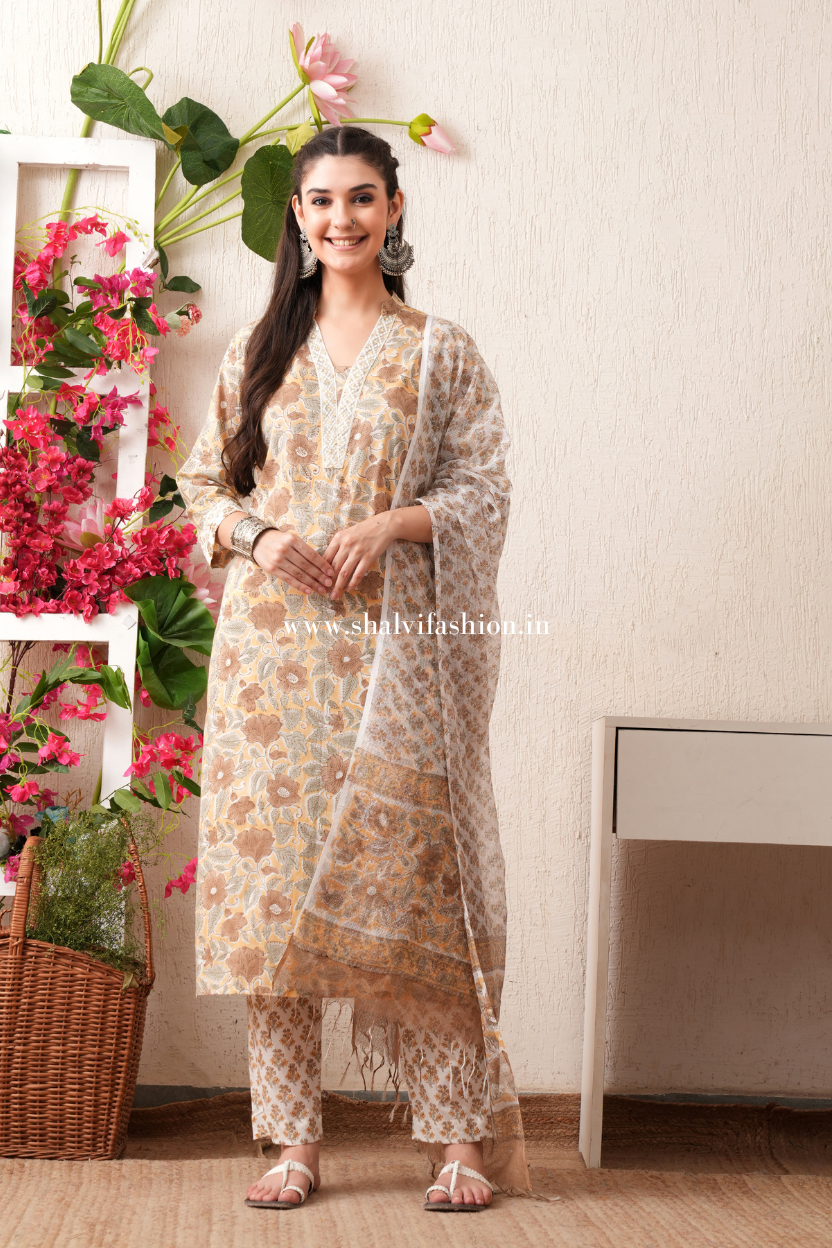 Shop hand block print pure cotton suits with kota doria dupatta (CSS450)