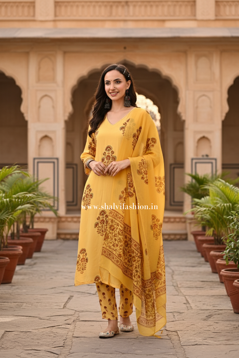 Shop hand block print muslin silk suits (CSS479)