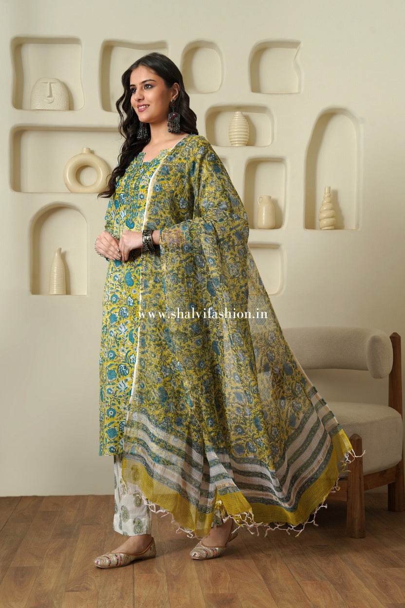 Shop hand block printed cotton suits with kota doria dupatta online (CSS508)