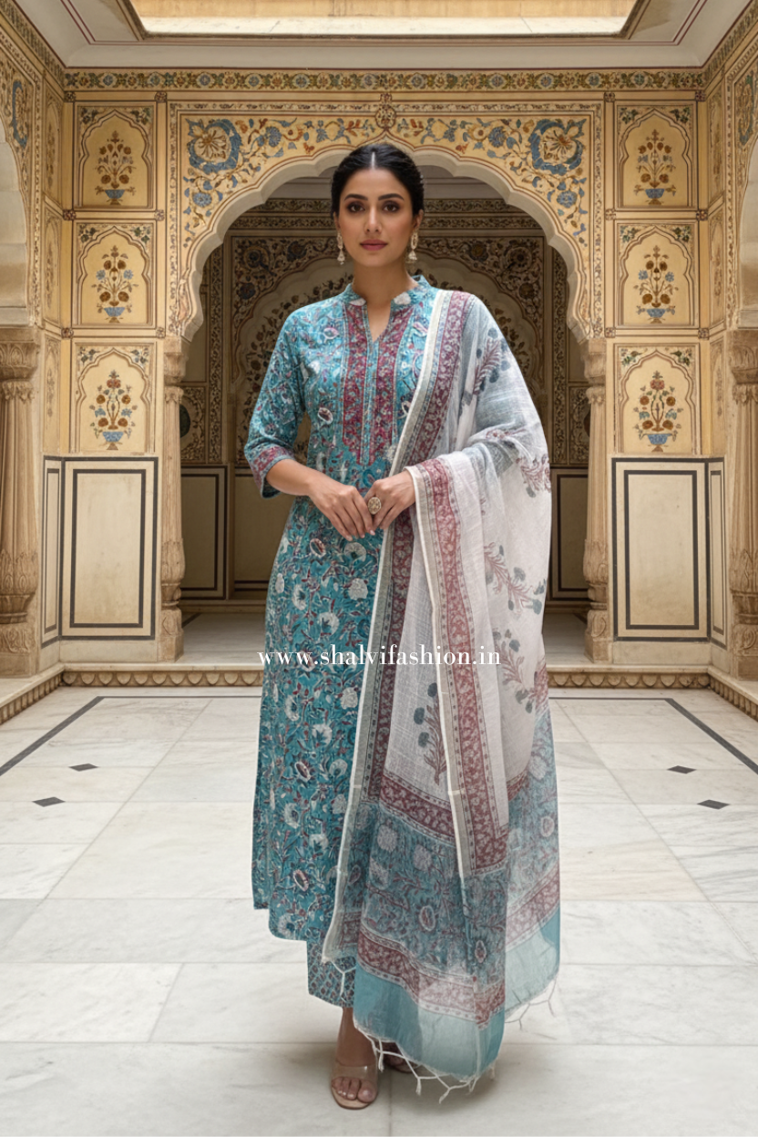 Shop hand block printed cotton suits with kota dupatta online shopping (CSS520)