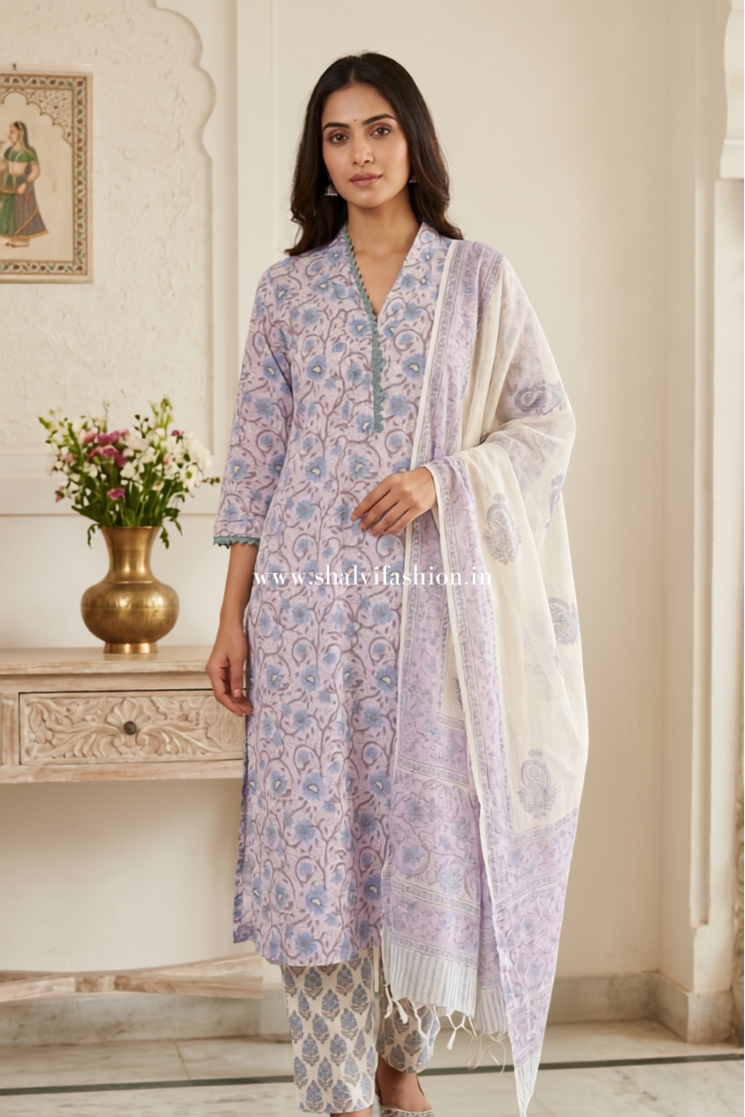 Shop jaipuri block printed cotton suits with kota dupatta (CSS579)