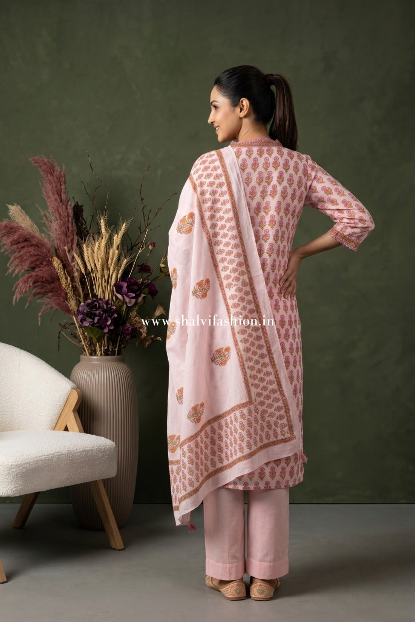Shop hand block print organza suit set with organza dupatta online (CSS617)