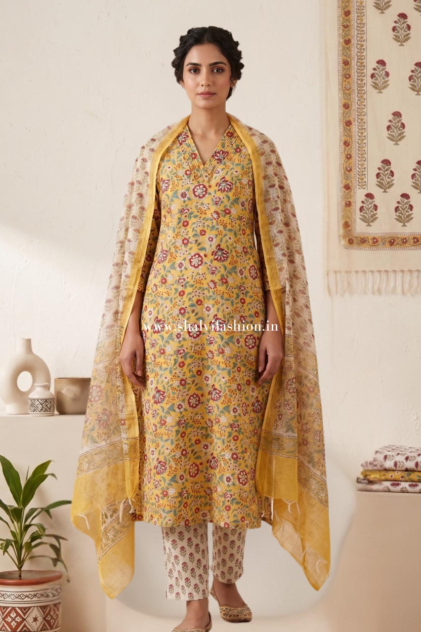 Shop block printed cotton suits with kota doria dupatta (CSS635)