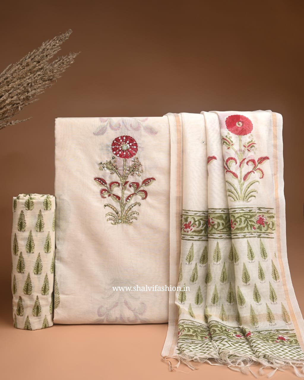 Shop unstitched hand work chanderi silk suits (GOTA54)