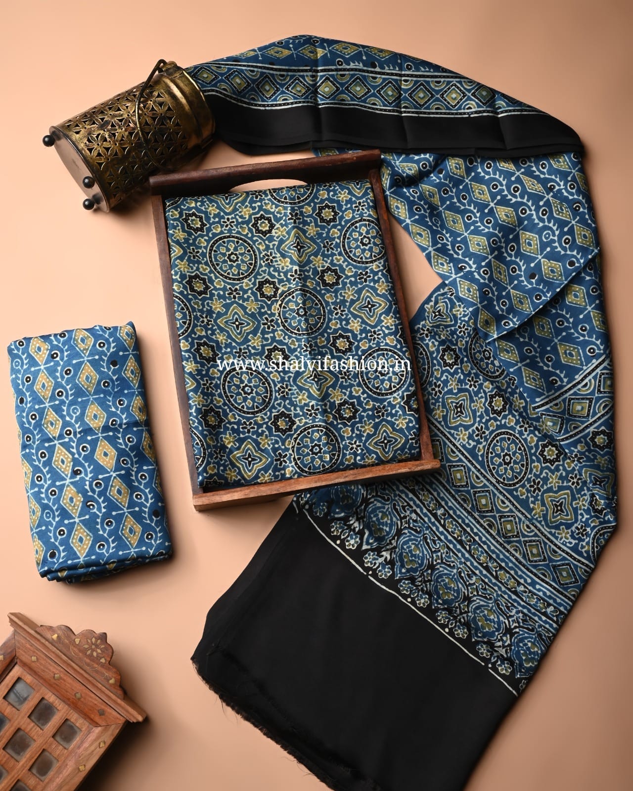 Shop unstitched ajrak print modal silk suits in jaipur (MOD05)