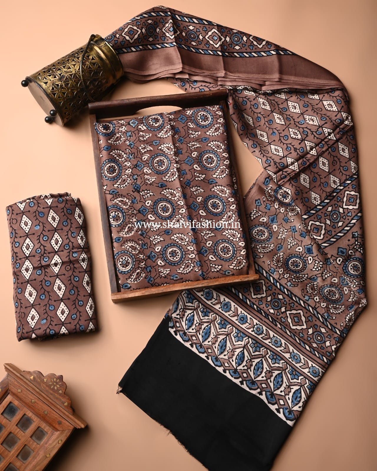 Shop unstitched ajrak print modal silk suits online (MOD19)