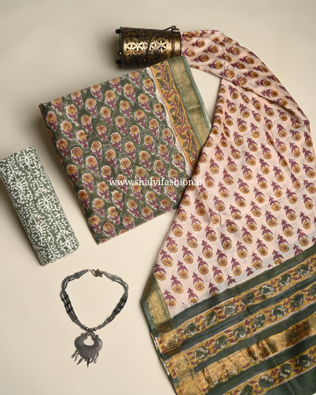 Shop hand block printed maheshwari silk suits (MSL529)