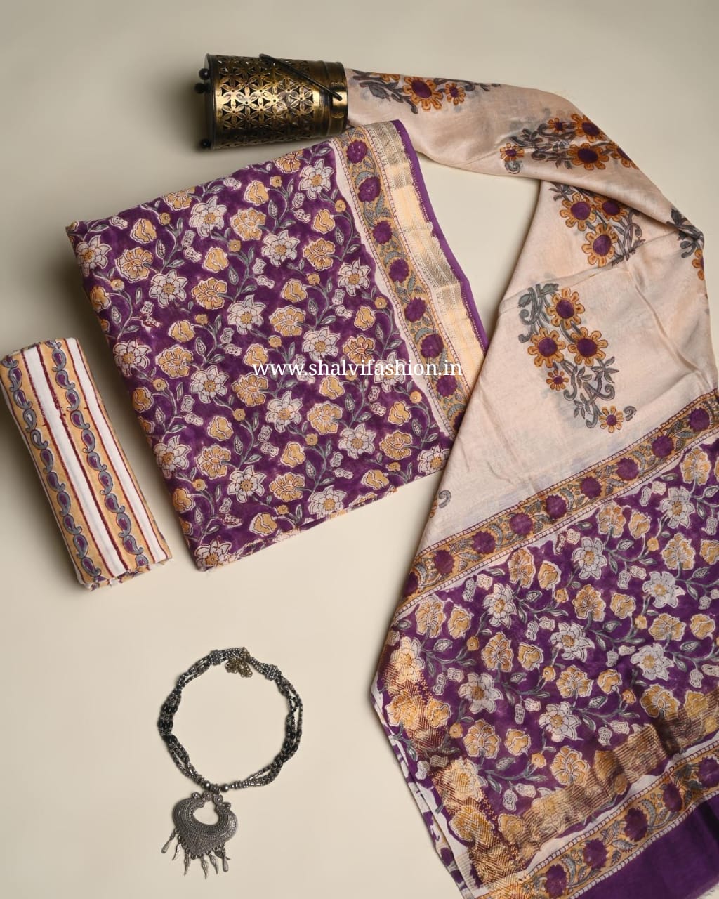Shop unstitched hand block print maheshwari silk suits online (MSL550)