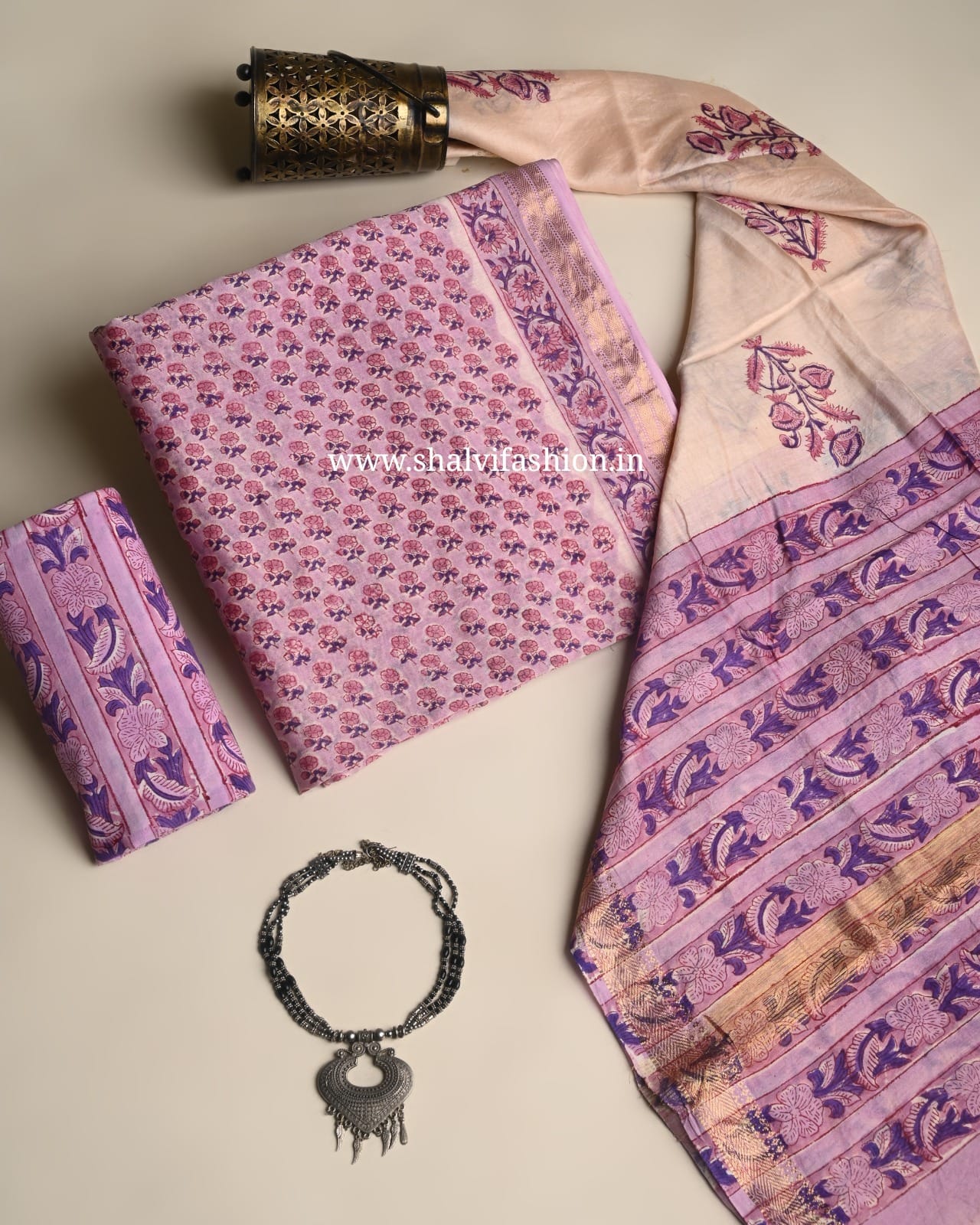 Shop unstitched hand block print maheshwari silk suits (MSL670)