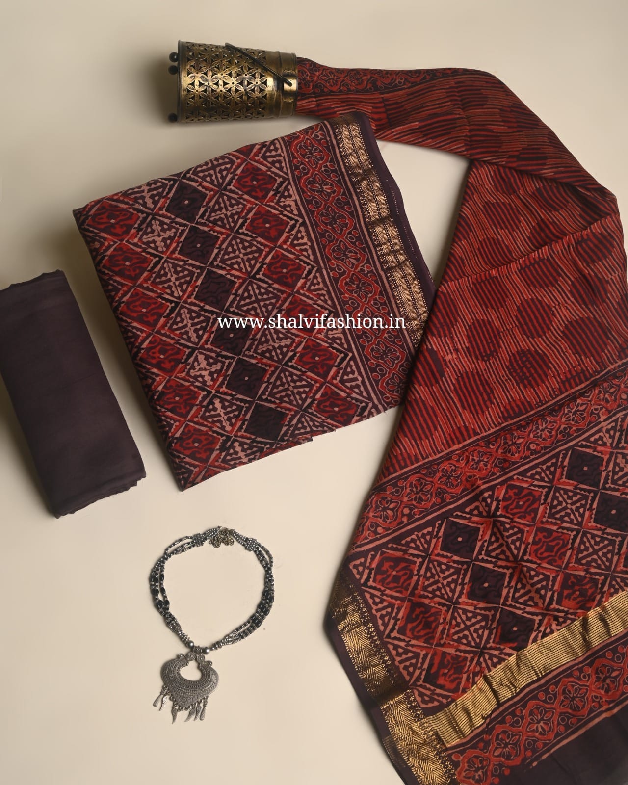 Shop unstitched ajrak print maheshwari silk suits (MSL676)