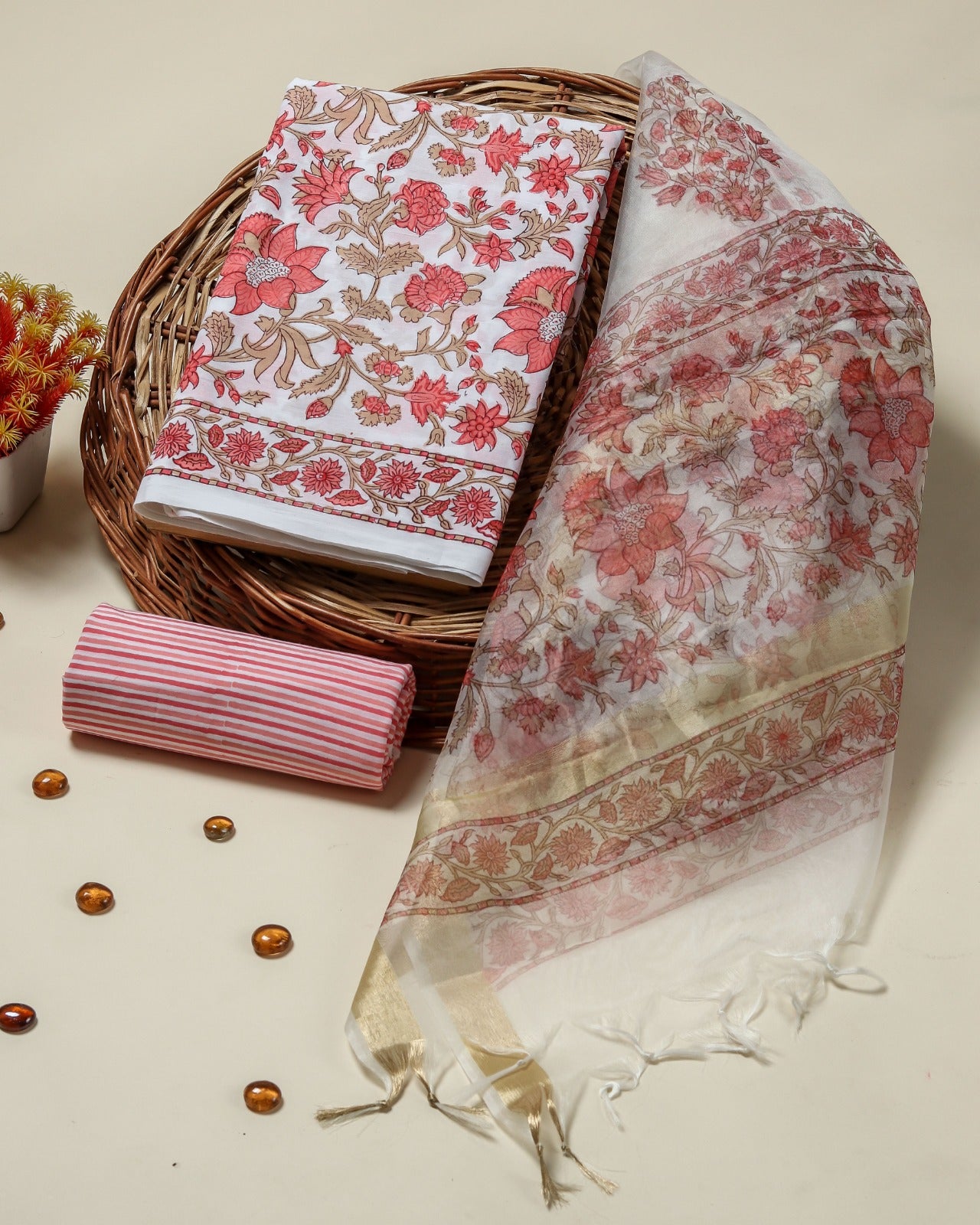 Shop traditioanal hand block print cotton suit sets with organza dupatta (ORG274)