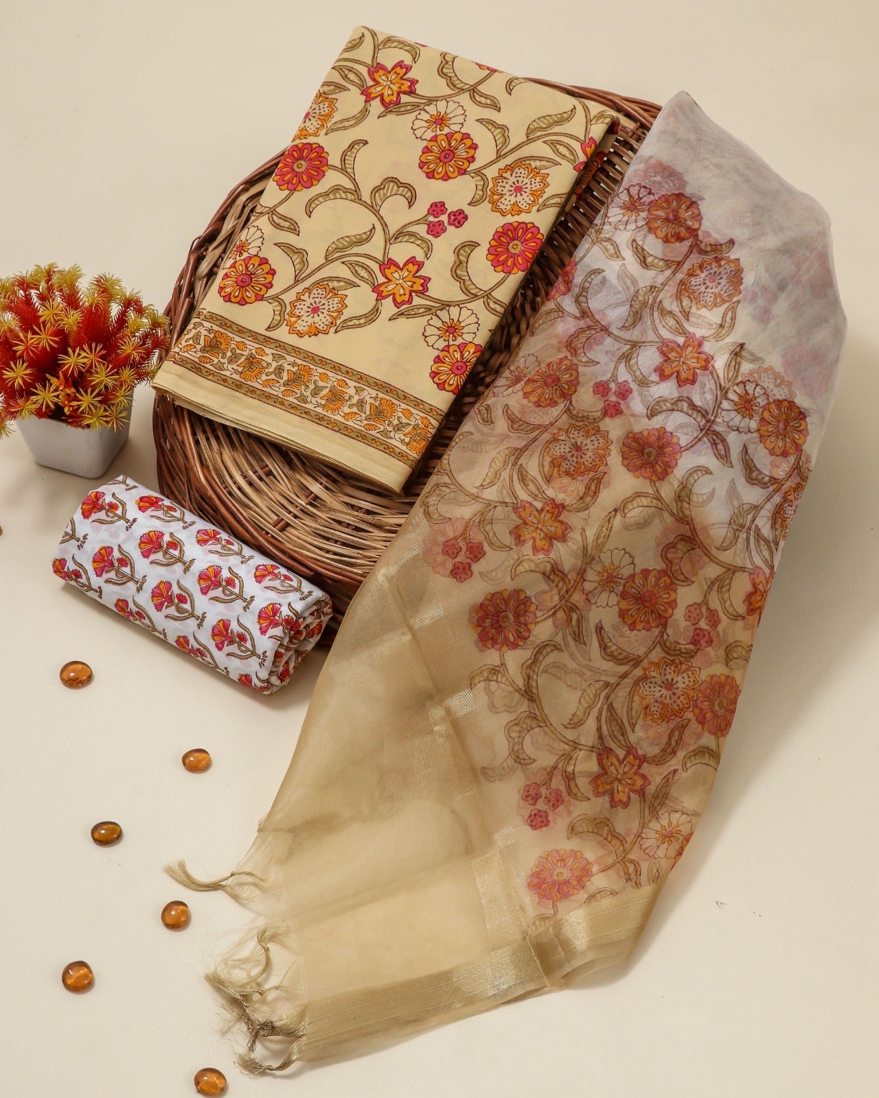 Shop unstitched block printed cotton suits online (ORG300)