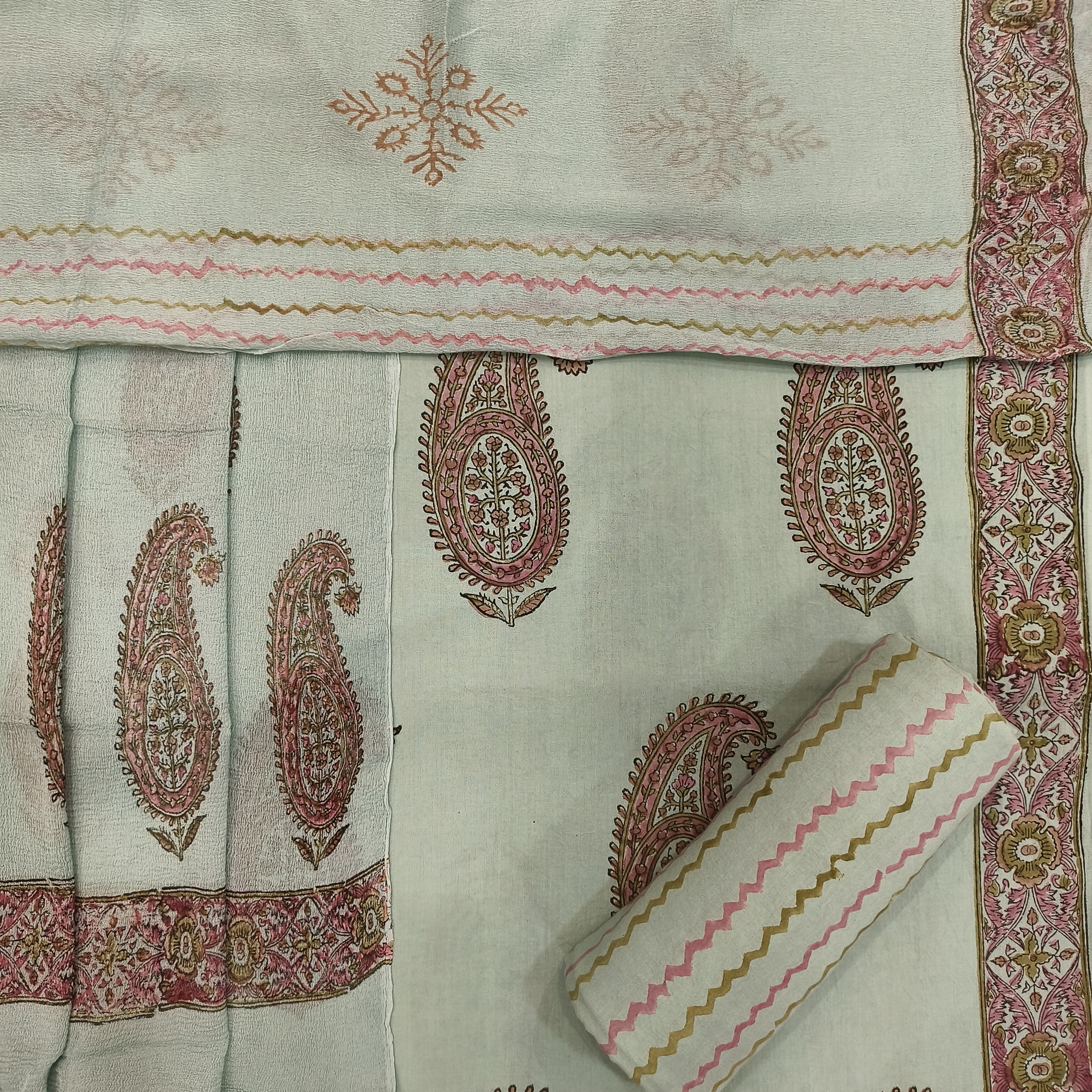 Shop hand block print cotton suits with chiffon dupatta (PCHF375)