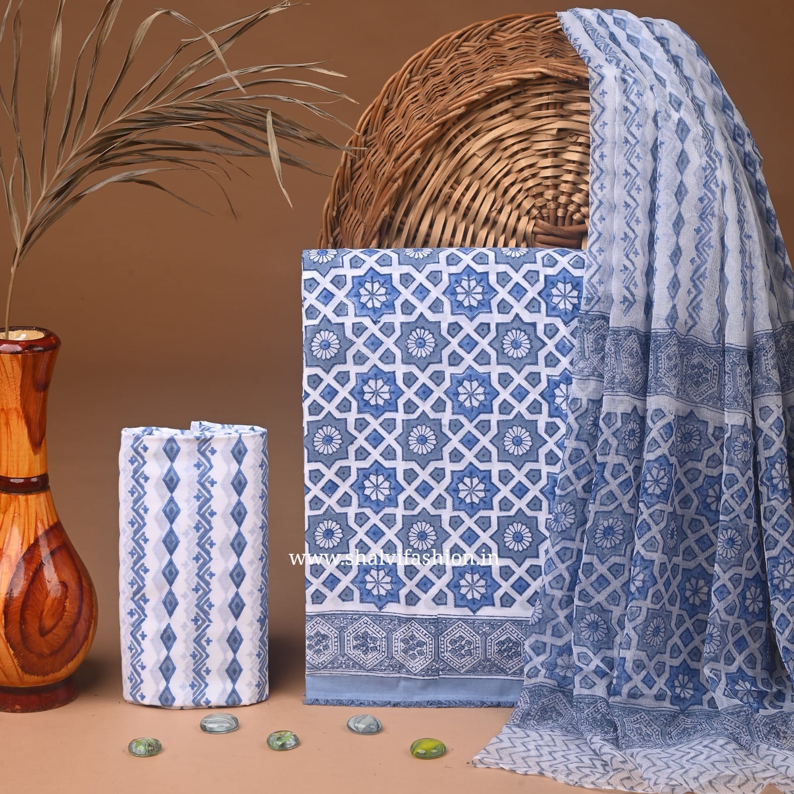 Shop hand block print cotton suits with chiffon dupatta (PCHF513)