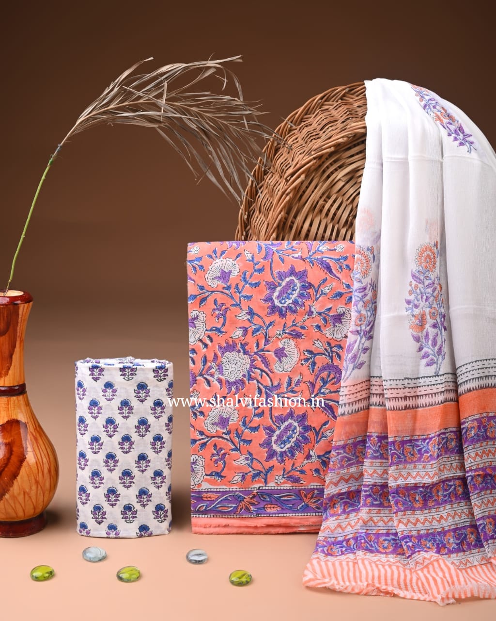 Shop block printed cotton suits with chiffon dupatta (PCHF623)