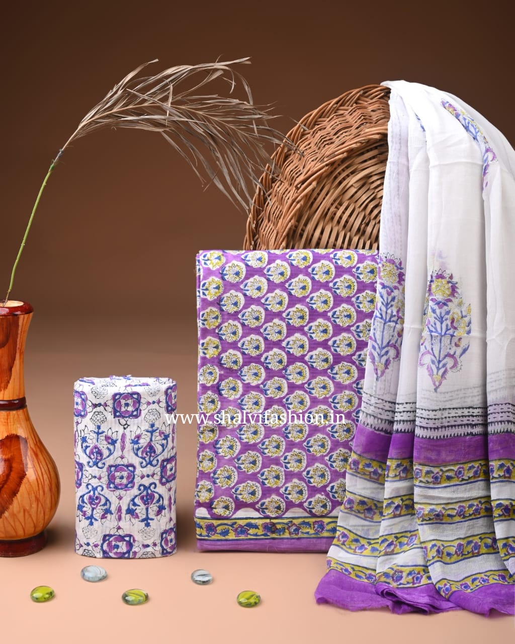 Shop unstitched block print cotton suits with chiffon dupatta (PCHF624)