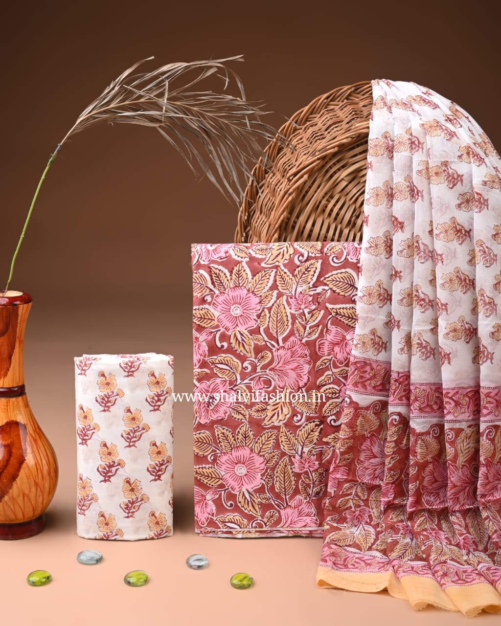 Shop hand block printed cotton suits with chiffon dupatta (PCHF634)