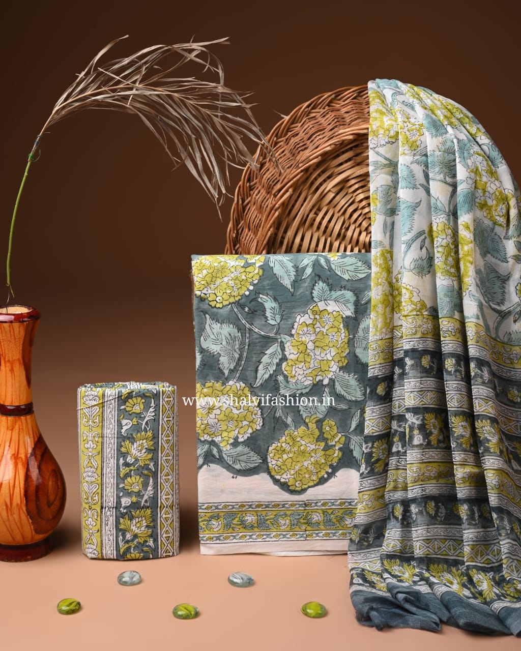 Shop block printed cotton suits with chiffon dupatta (PCHF640)
