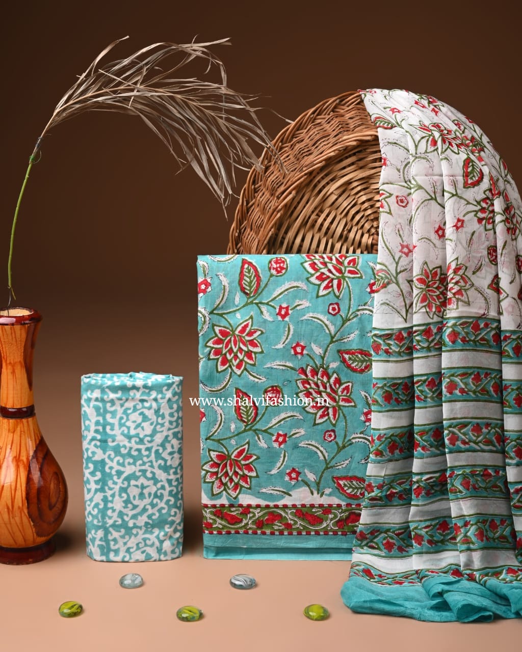 Shop unstitched block print cotton suits with chiffon dupatta (PCHF641)