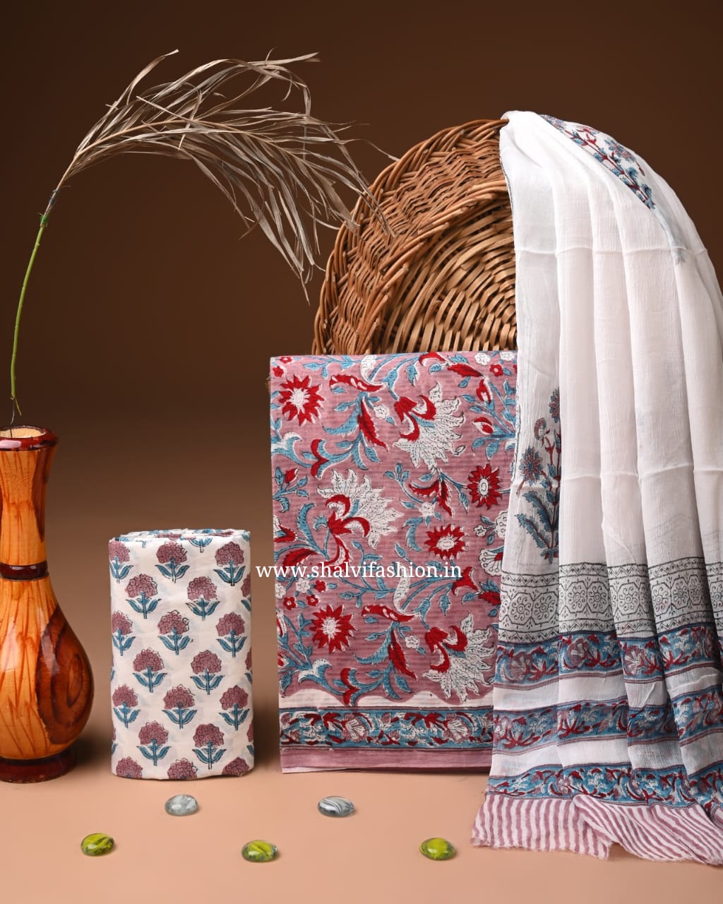 Elegant Hand Block Print Textured Line Cotton Suit Set with Chiffon Dupatta (PCHF645)