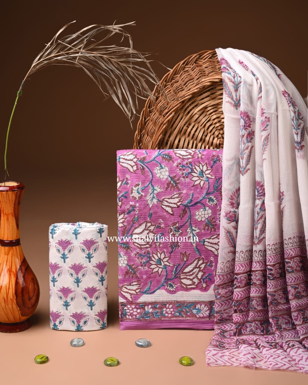 Shop jaipuri print textured line cotton suits with chiffon dupatta (PCHF647)