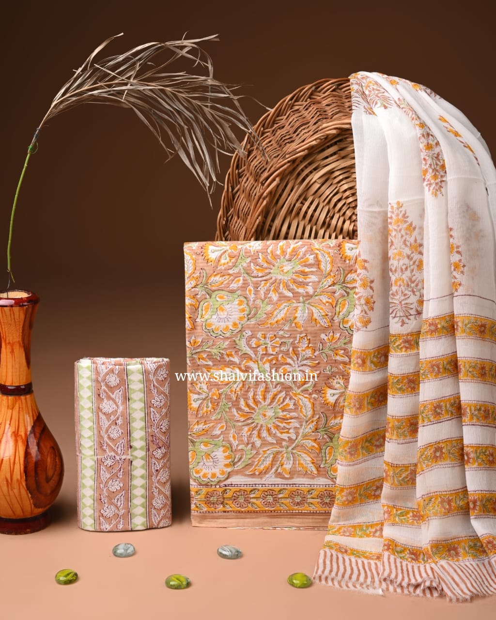 Shop unstitched block print cotton suits with chiffon dupatta (PCHF649)