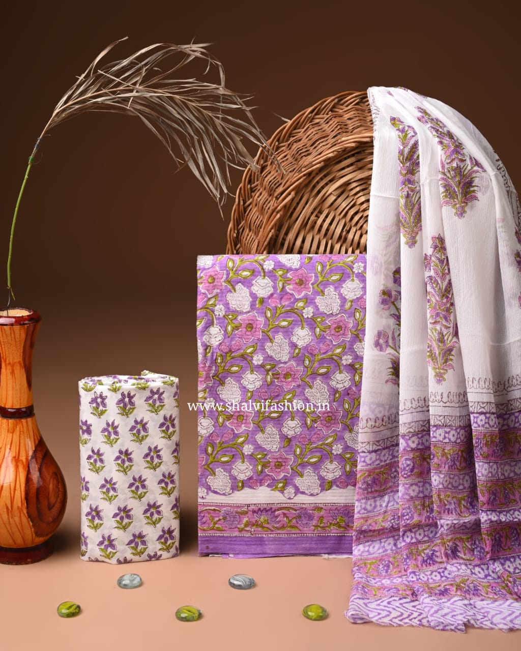 Shop hand block print cotton suits with chiffon dupatta (PCHF650)