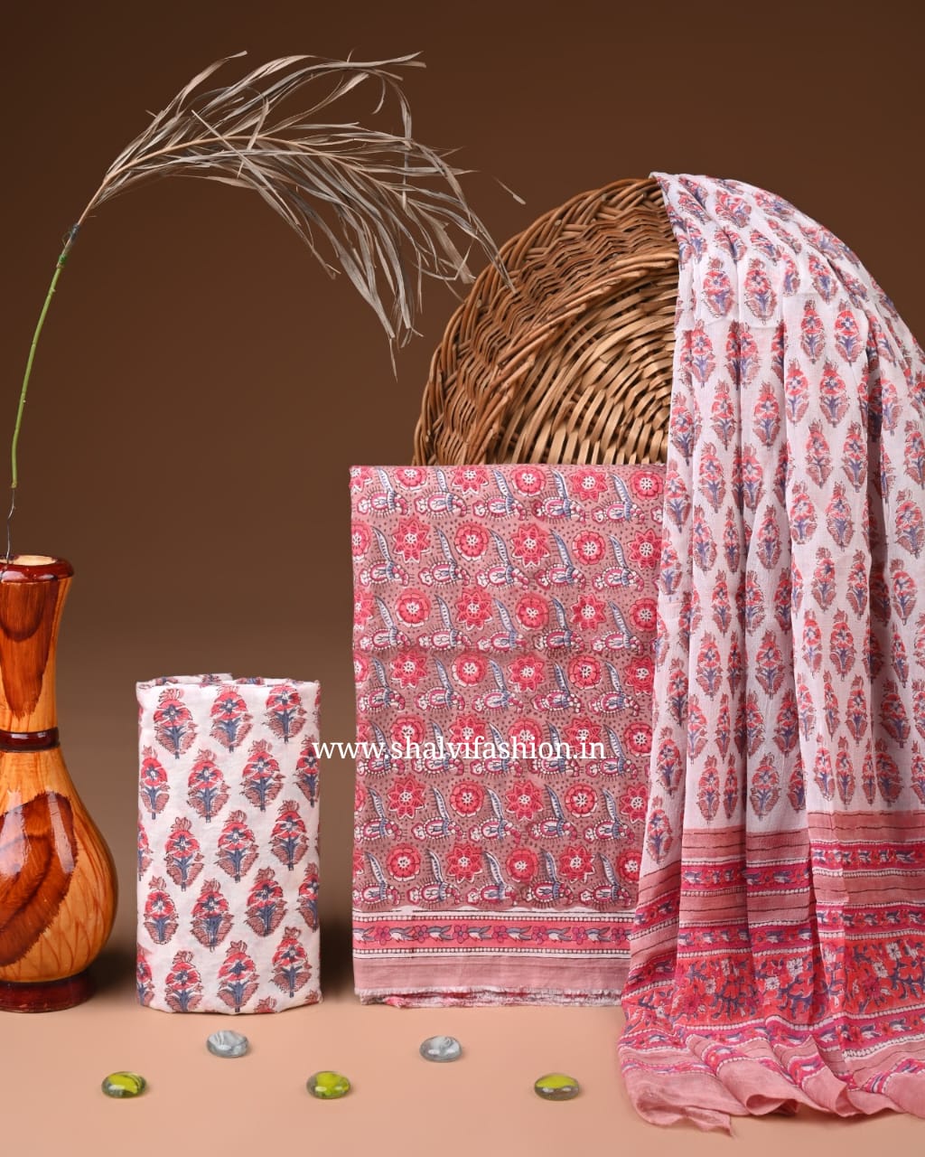 Shop hand blockprint cotton suits with chiffon dupatta (PCHF652)