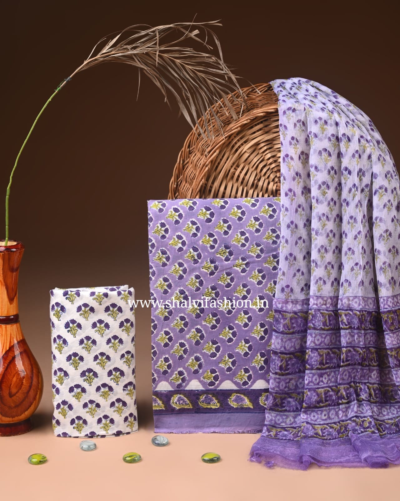 Shop block print chiffon dupatta cotton suits online (PCHF701)