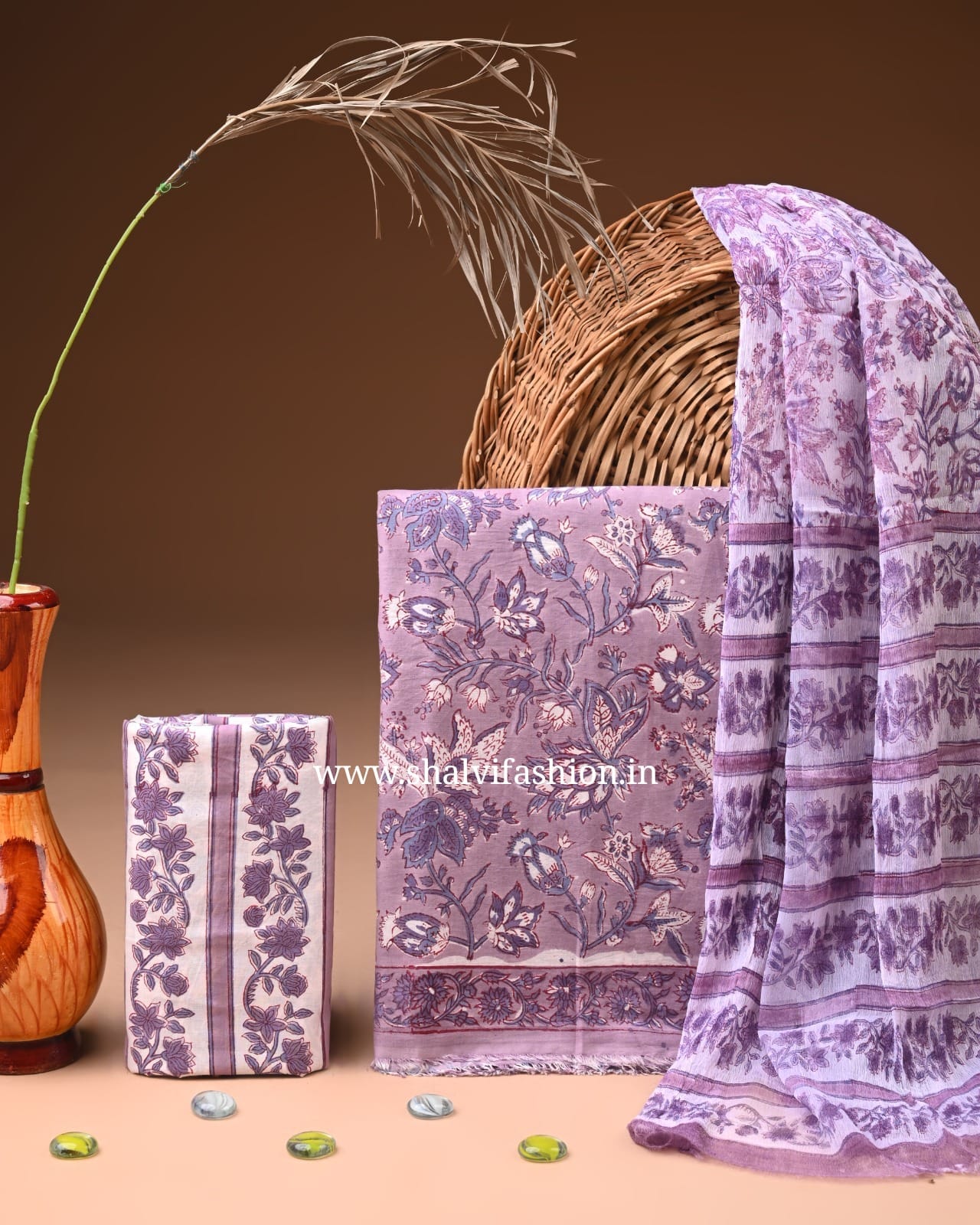 Shop hand block print cotton suits with chiffon dupatta (PCHF714)