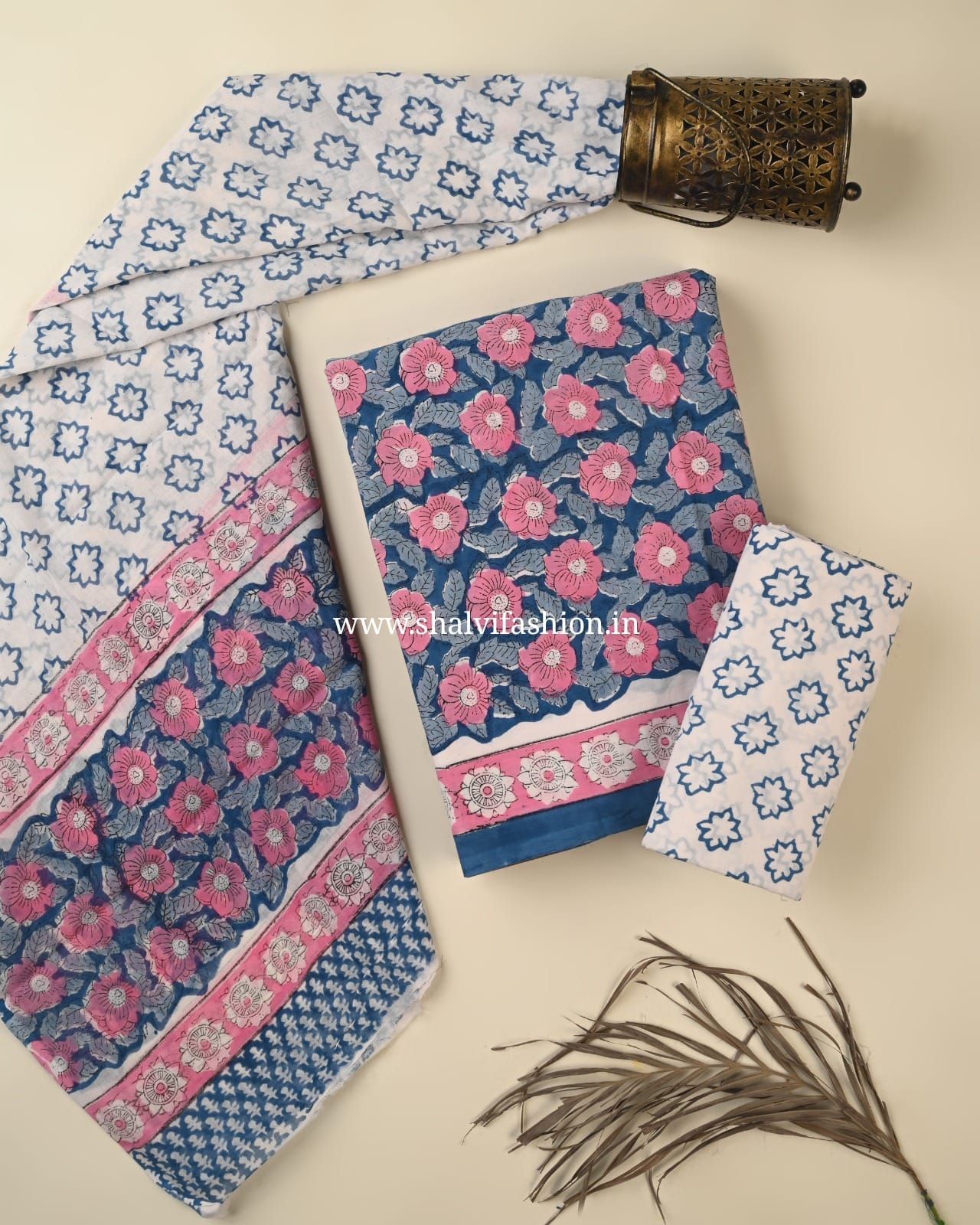 Shop block print cotton suits with mulmul dupatta (PRMUL552)