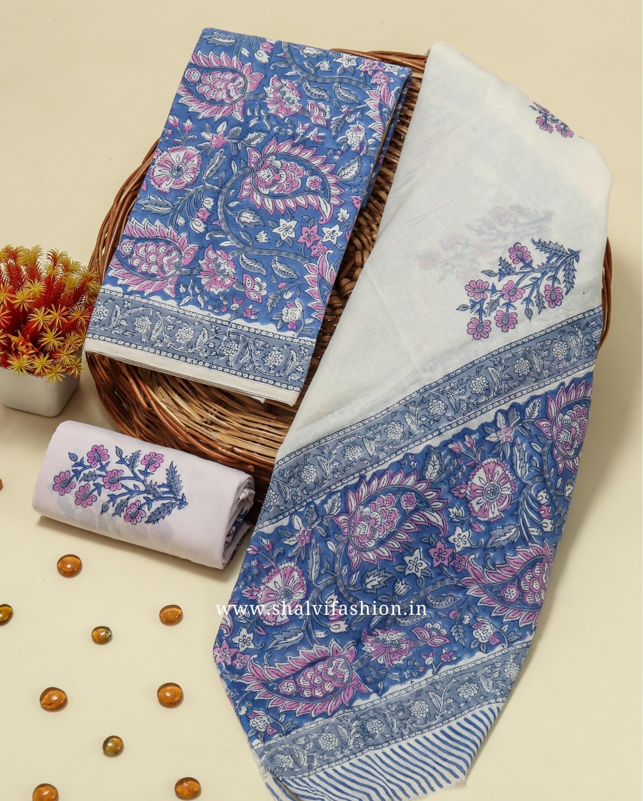 Shop jaipuri print cotton suits with mulmul dupatta (PRMUL254)