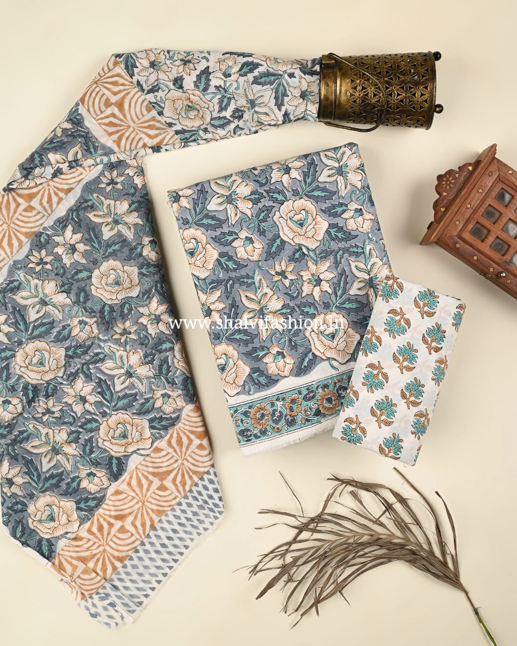 Shop block printed cotton suits with mulmul dupatta (PRMUL466)