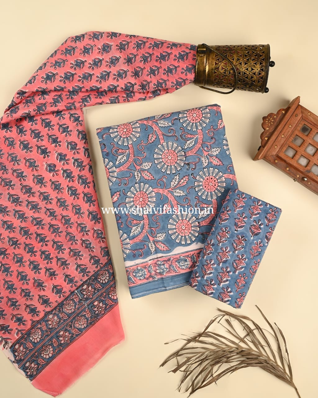 Shop block printed cotton suits with mulmul dupatta (PRMUL499)