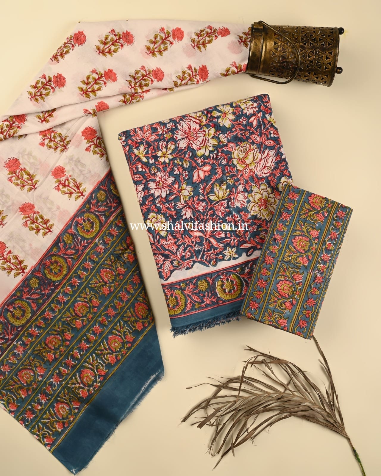 Shop block print cotton suits with mulmul dupatta (PRMUL501)