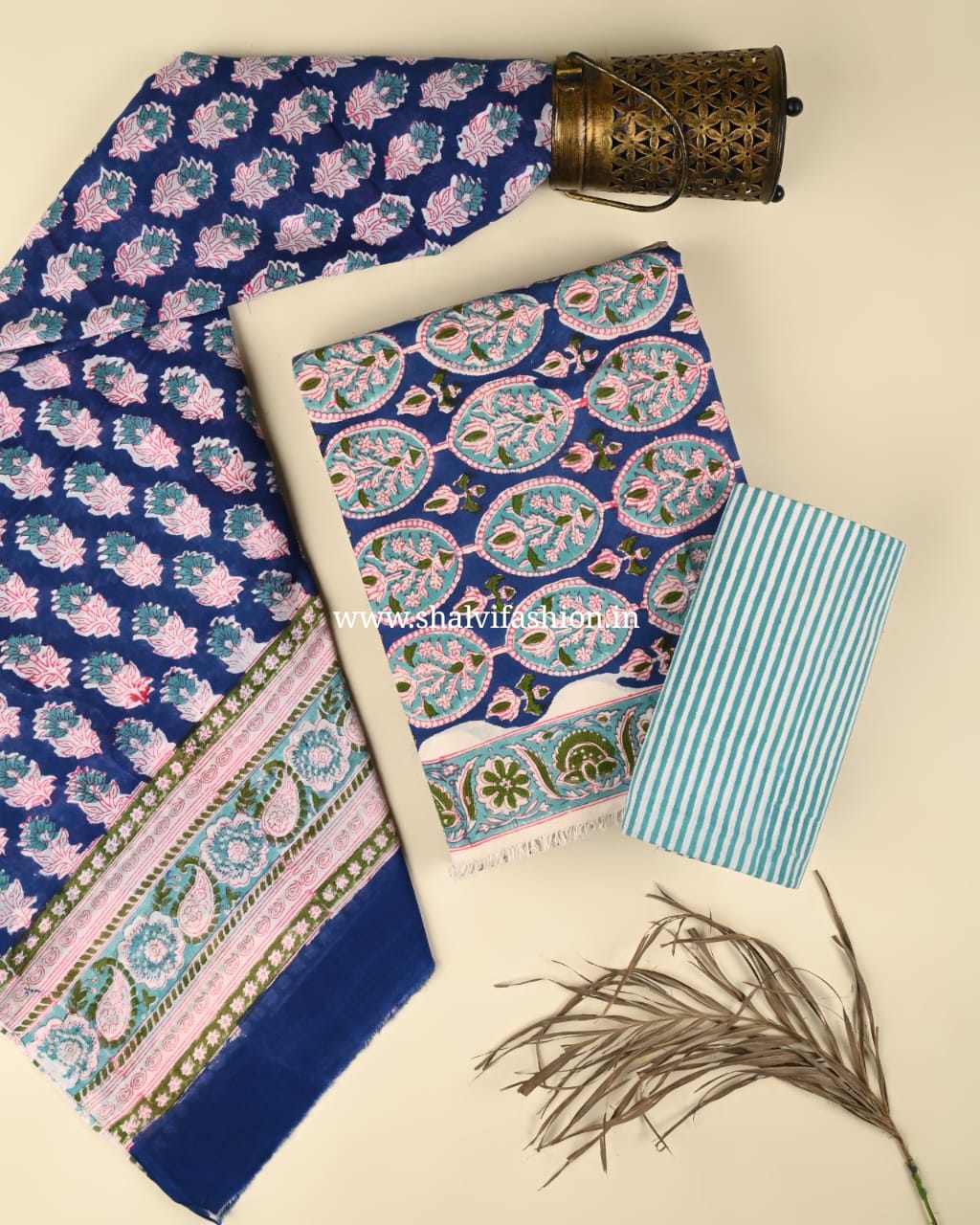 Shop jaipuri print cotton suits with mulmul dupatta (PRMUL512)