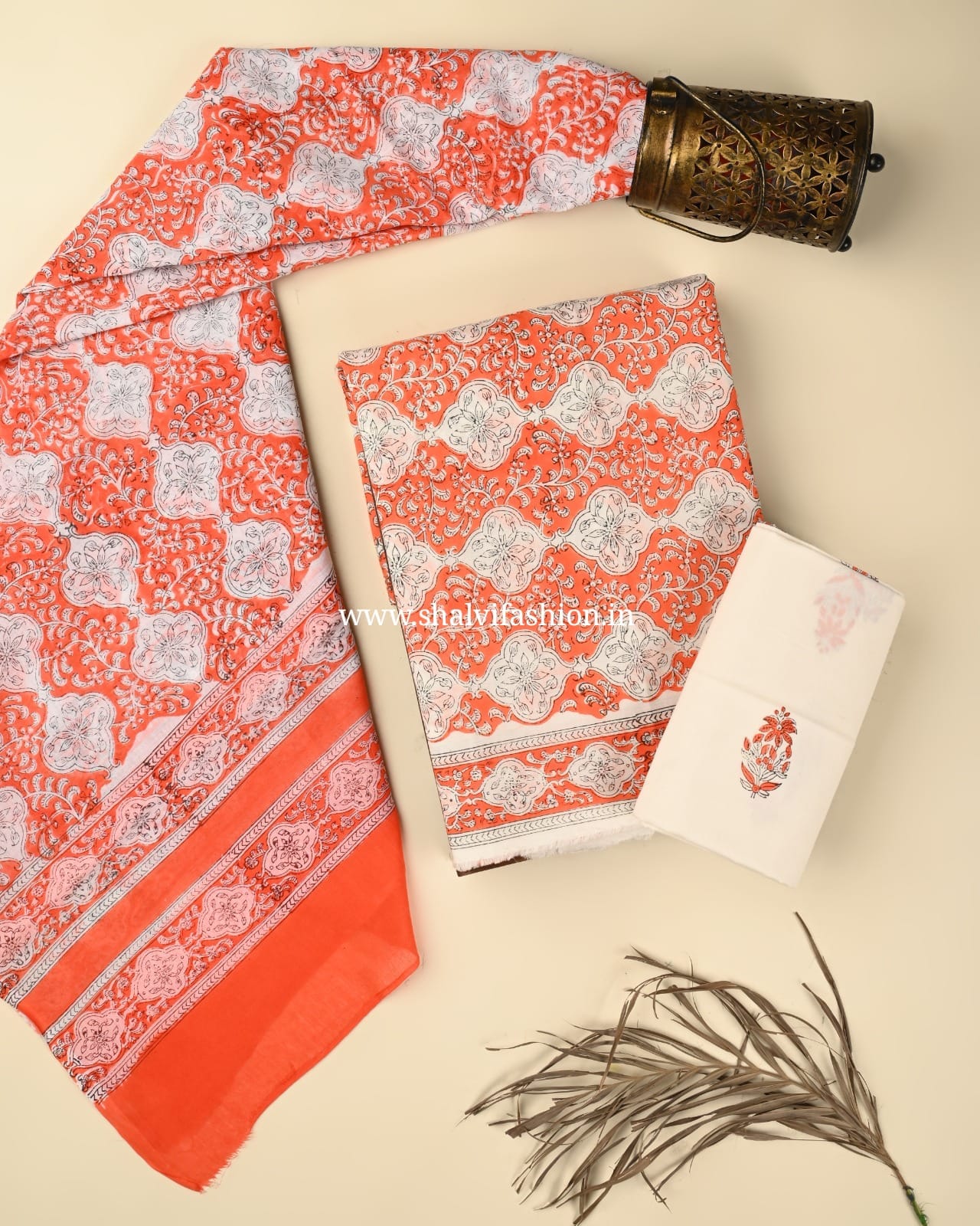 Shop block print cotton suits with mumul dupatta (PRMUL522)