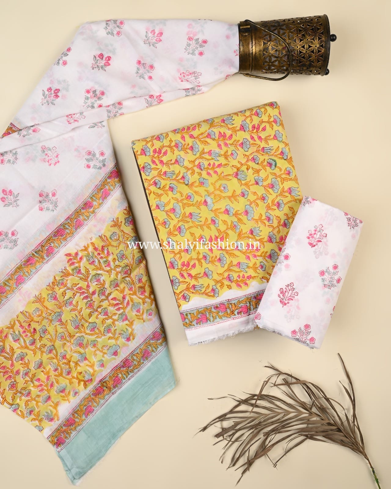 Shop block print cotton suits with mulmul dupatta (PRMUL543)