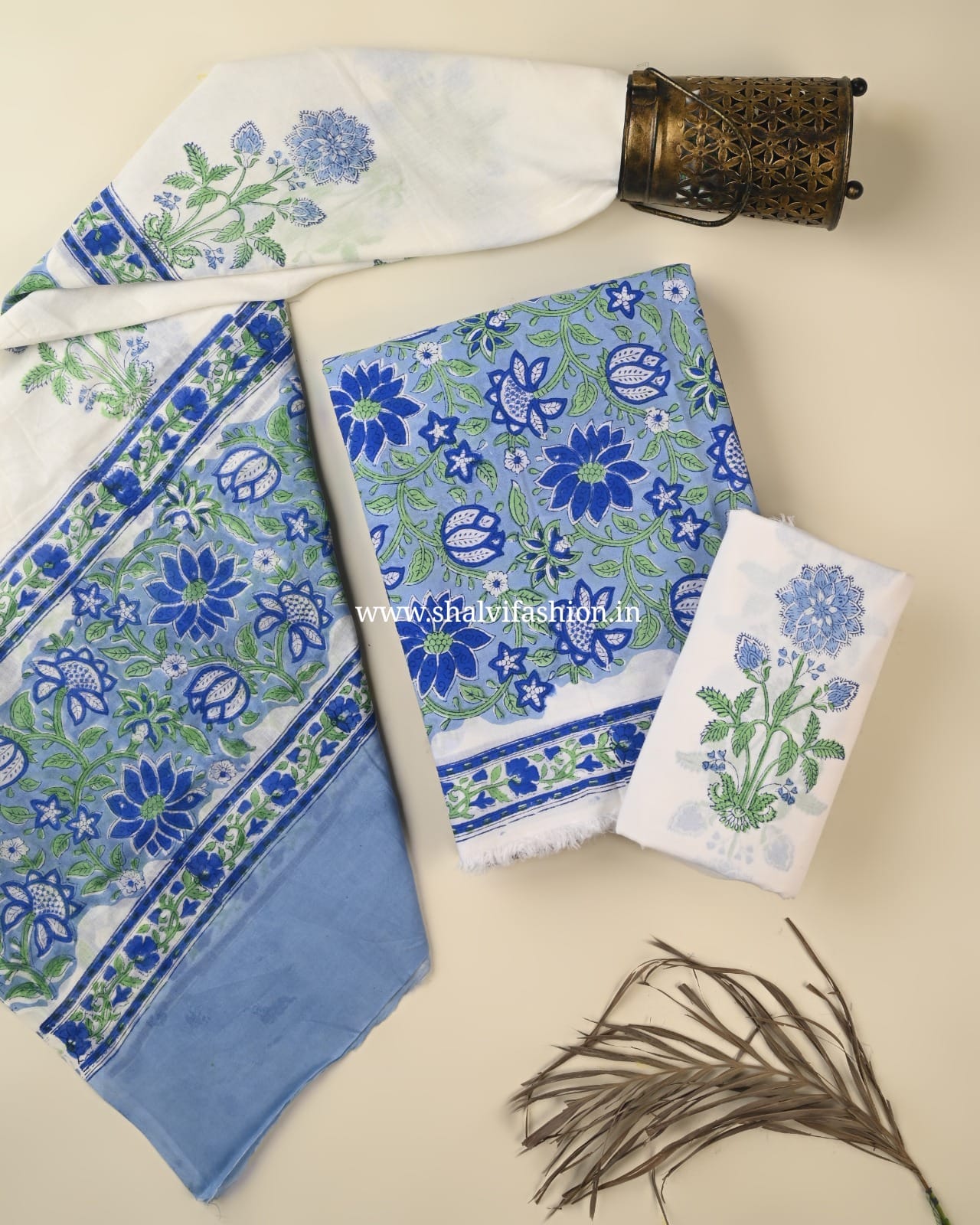 Shop unstitched block print cotton suits with mulmul dupatta (PRMUL549)