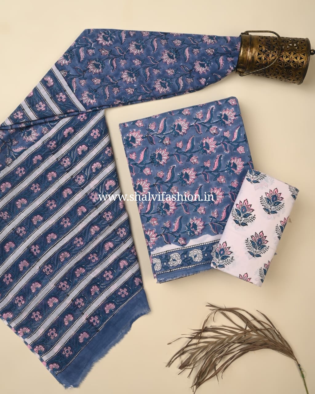 Shop block printed cotton suits with mulmul dupatta (PRMUL578)