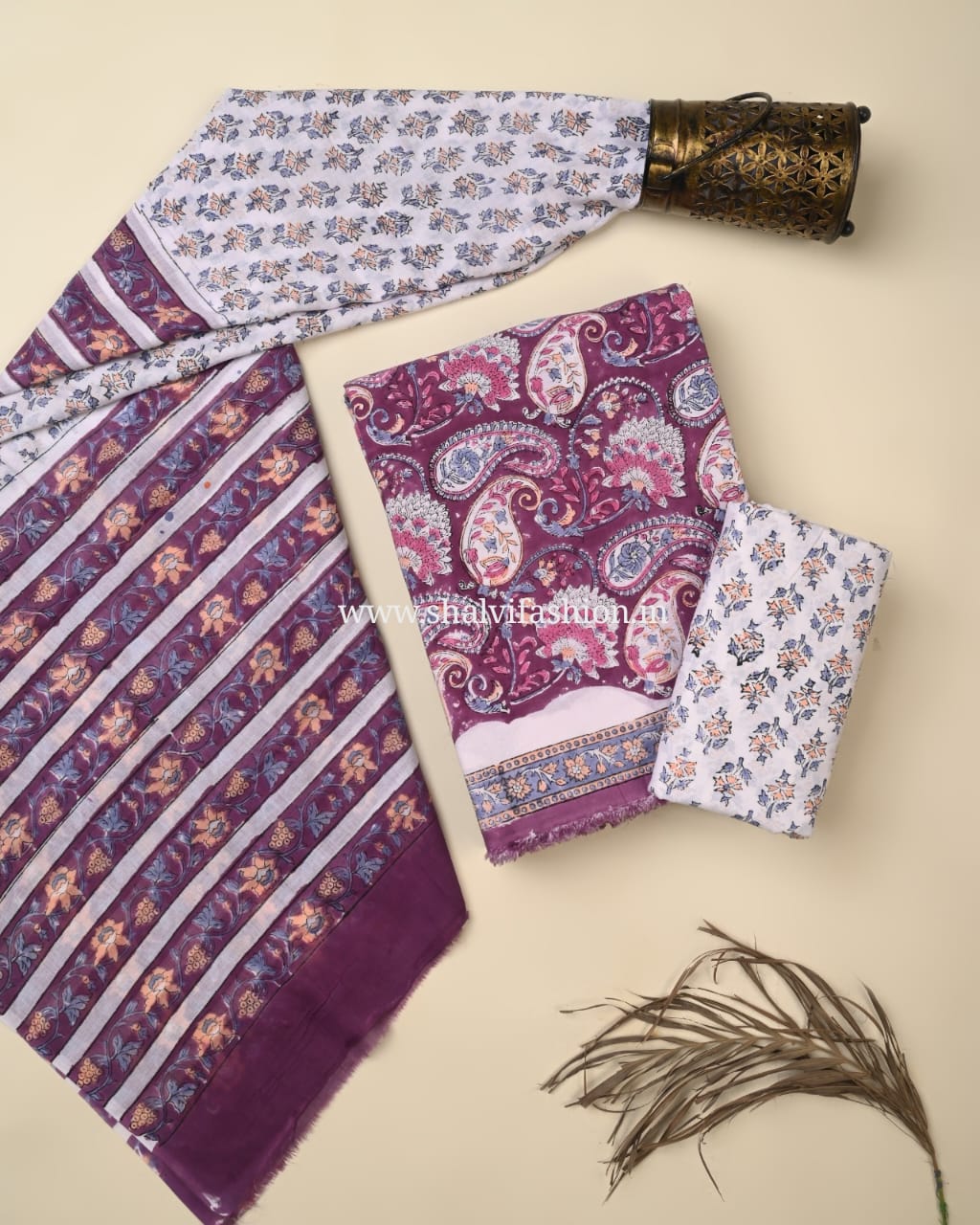 Shop unstitched block print cotton suits with mulmul dupatta (PRMUL584)