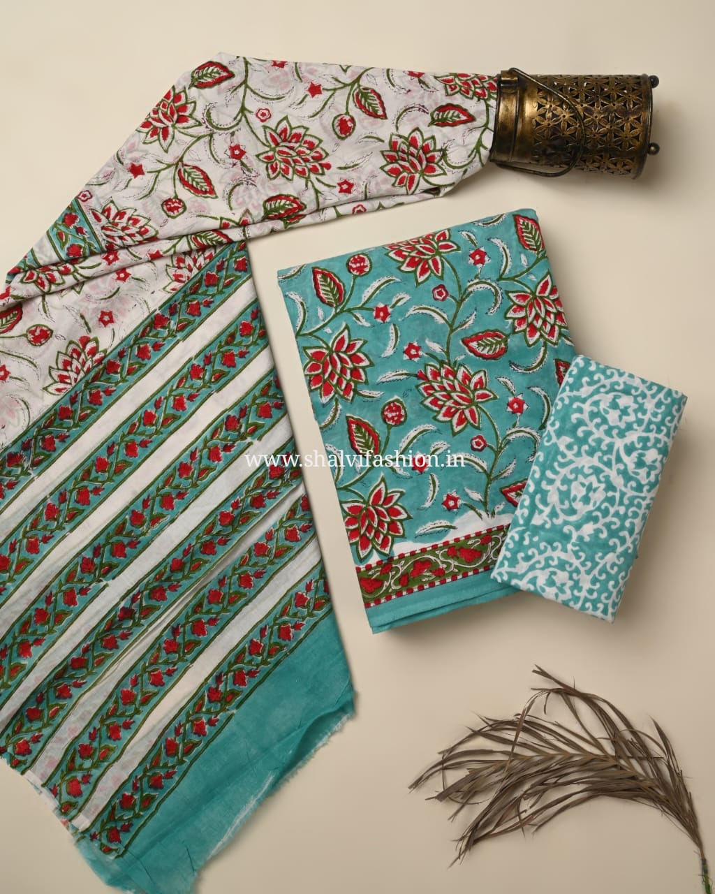 Shop unstitched block print cotton suits with mulmul dupatta (PRMUL586)