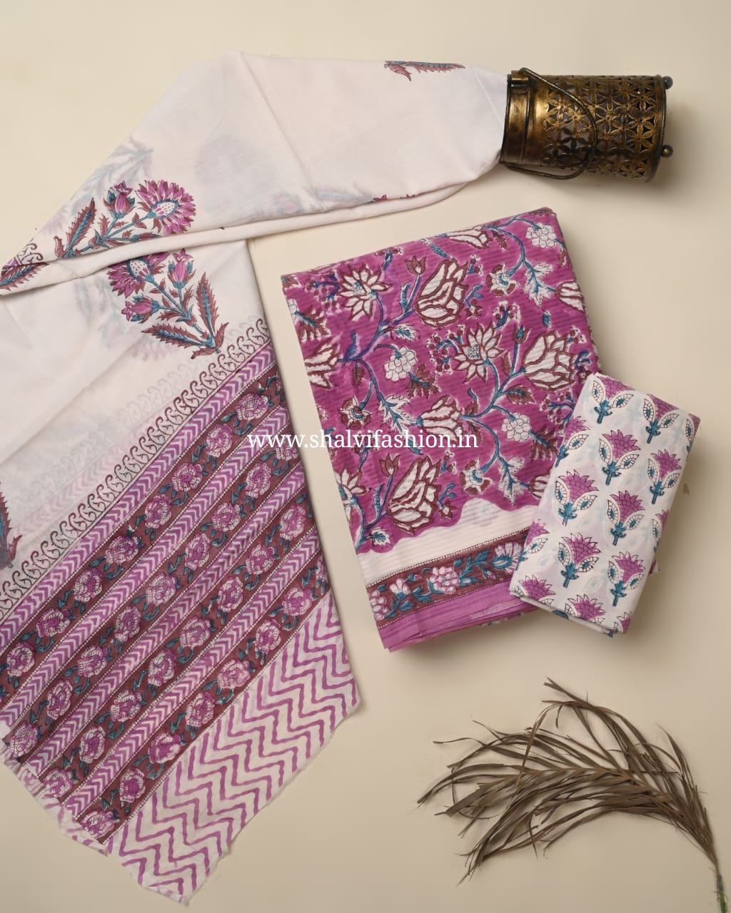 Shop block printed cotton suits with mulmul dupatta (PRMUL589)