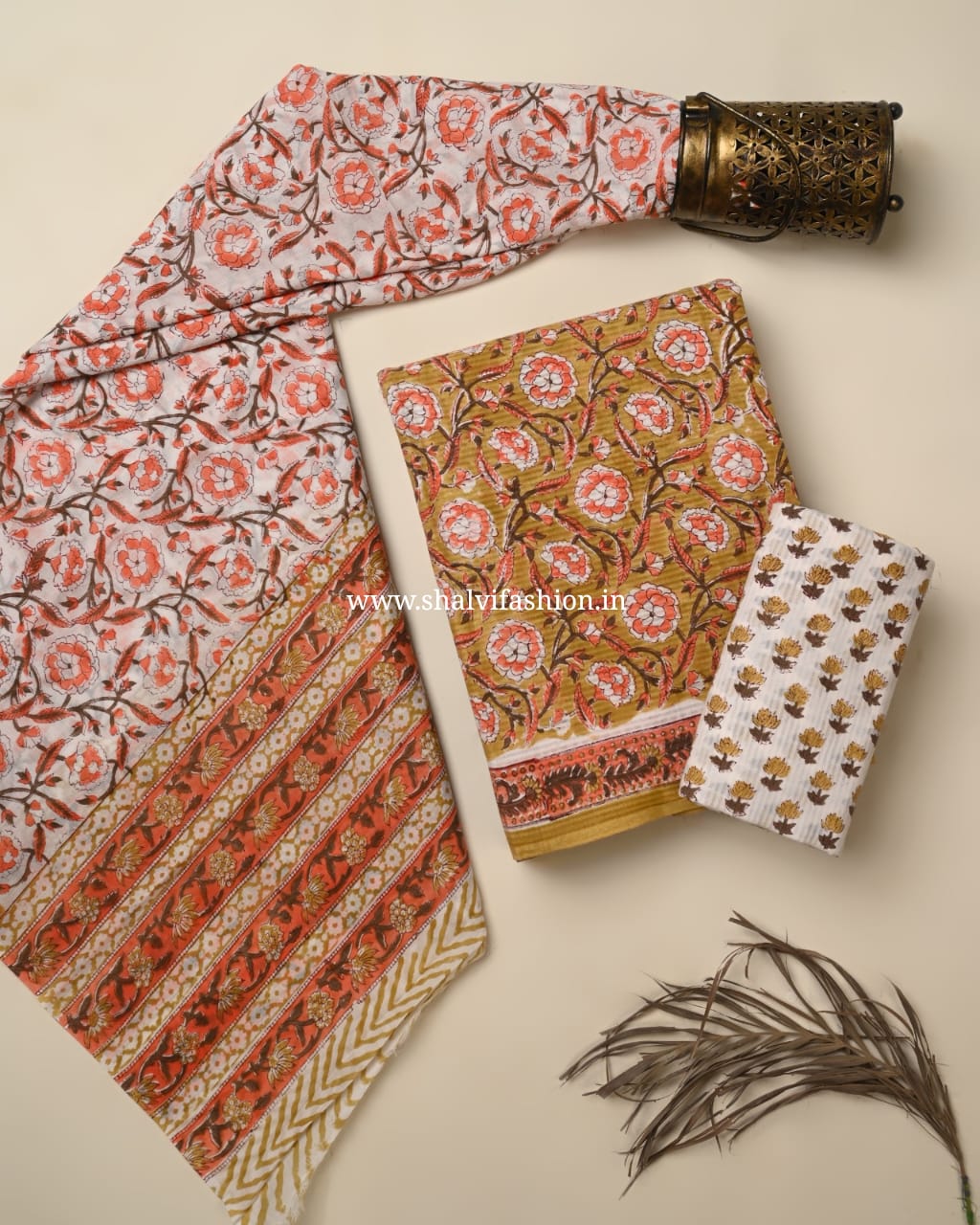 Designer Hand Block Print Textured Line Cotton Suit Set (PRMUL592)