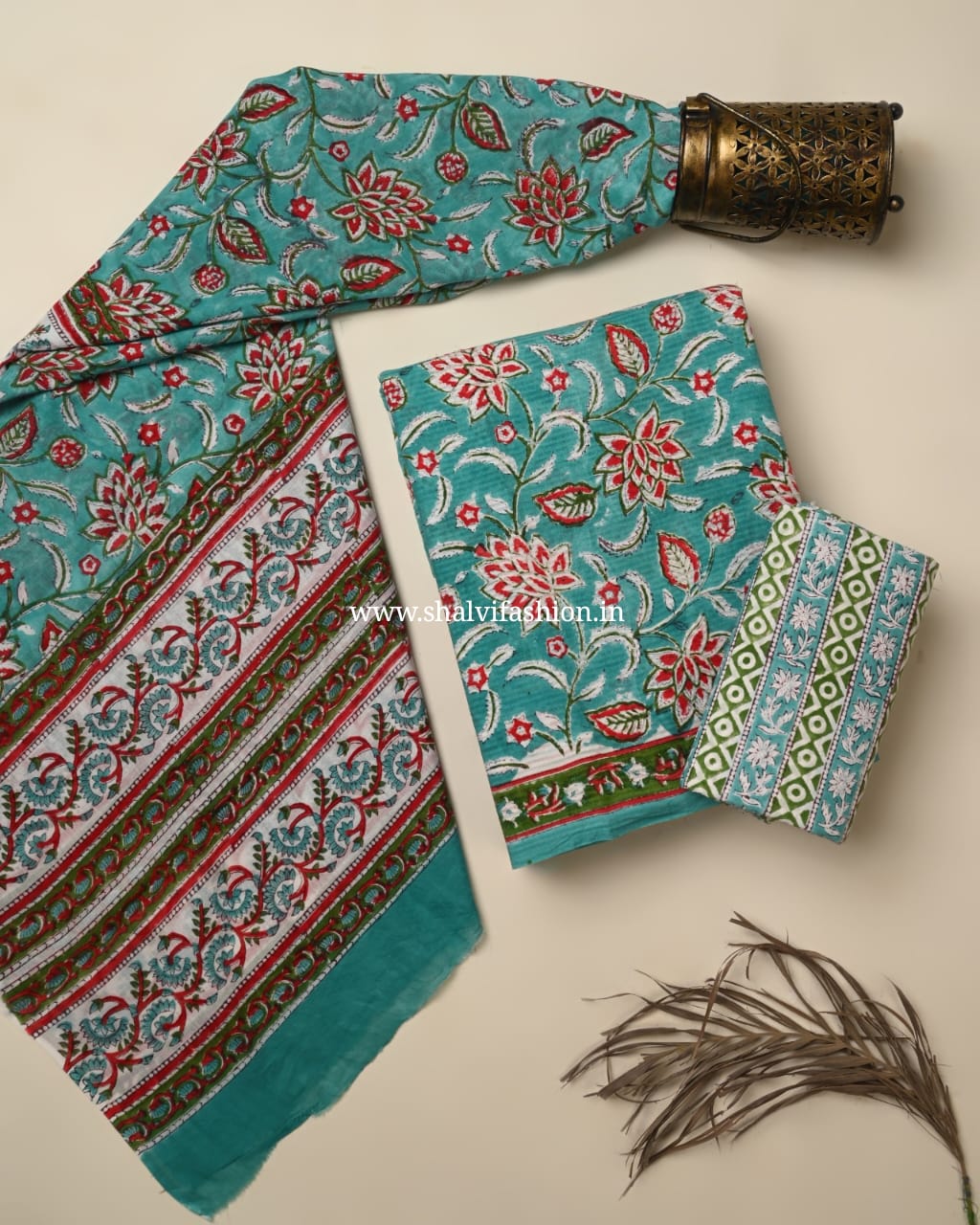 Shop hand block printed cotton suits with mulmul dupatta (PRMUL597)