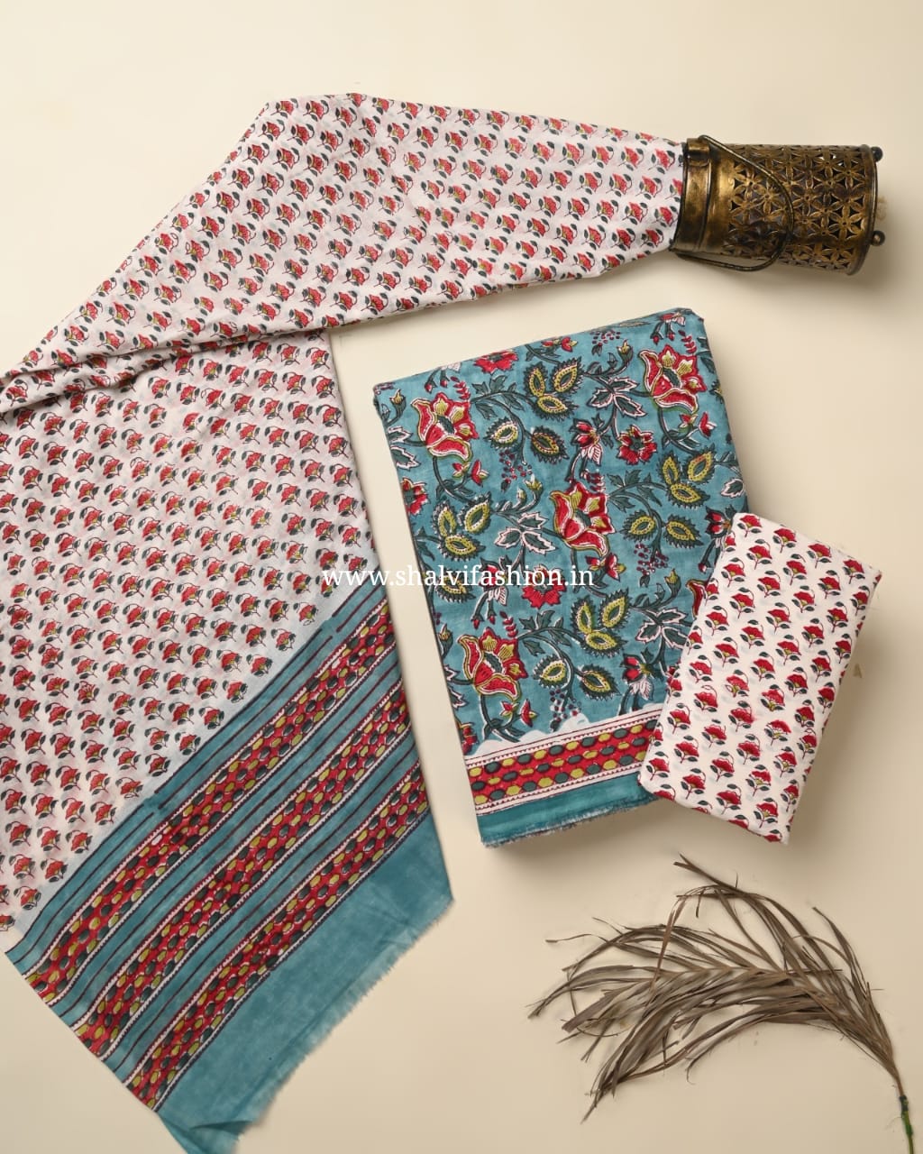 Shop jaipuri printed cotton suits with mulmul dupatta online (PRMUL600)