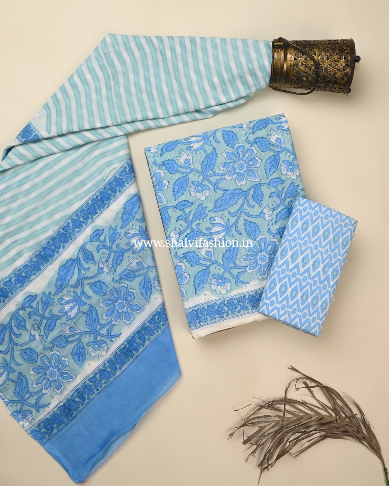 Shop hand block print cotton suits with mulmul dupatta (PRMUL603)