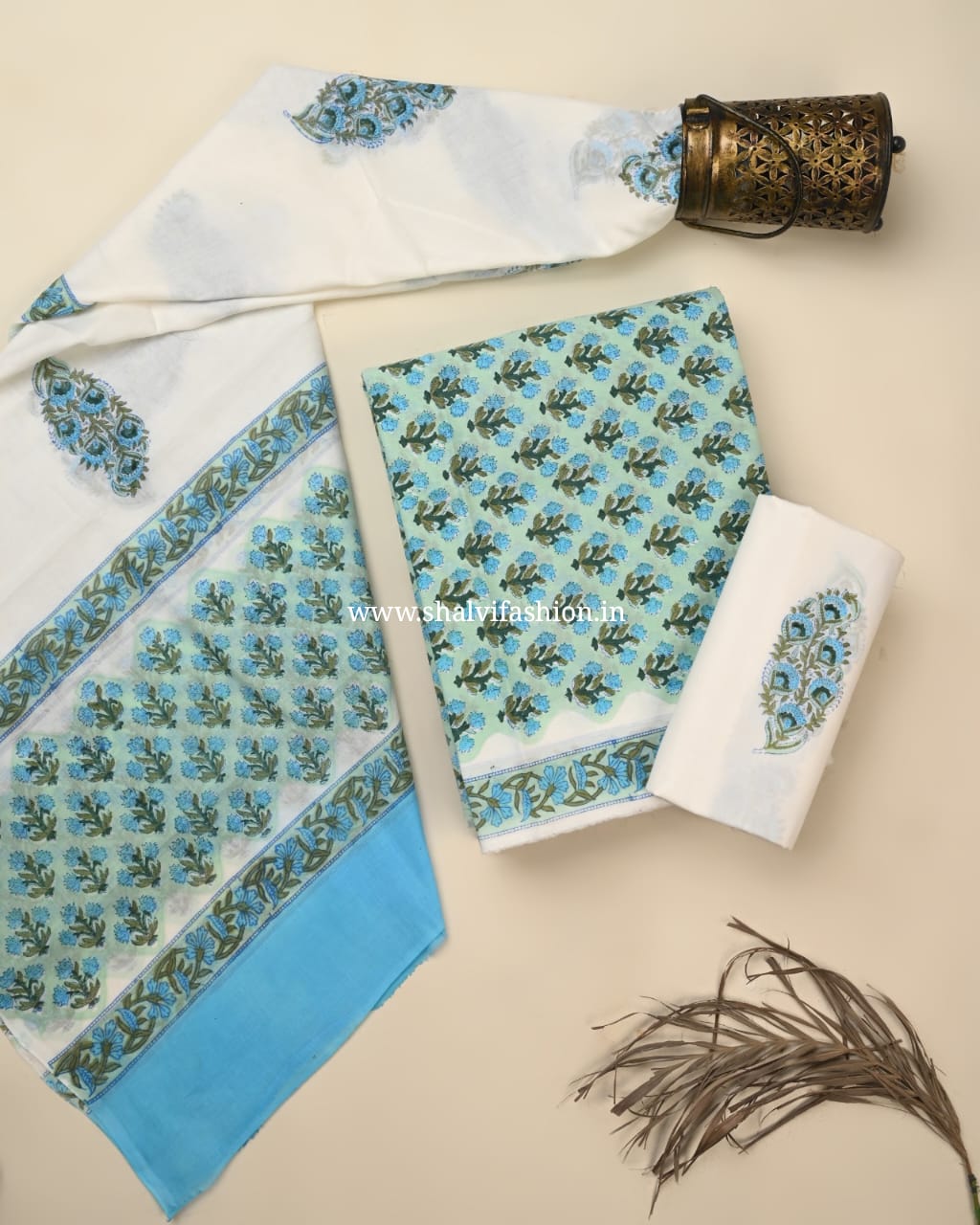 Shop jaipuri printed cotton suits with mulmul dupatta online (PRMUL607)